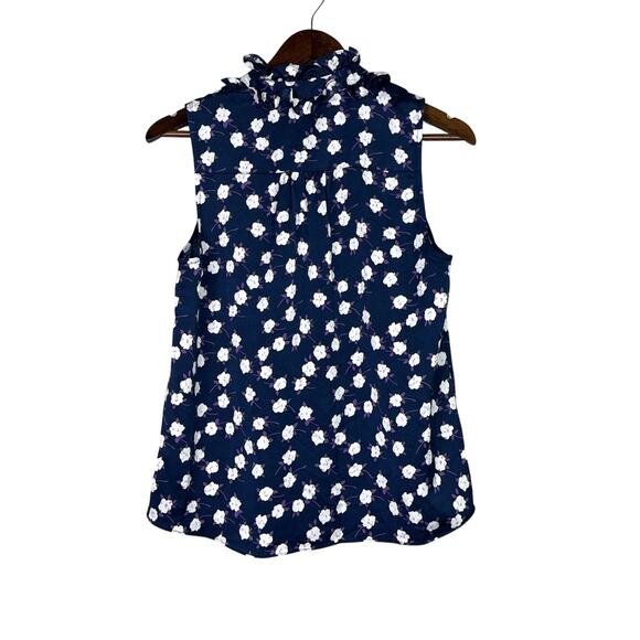 J. Crew Liberty Ruffle Neck Scattered Peony Print Sleeveless VNeck S Blue Purple - Picture 14 of 15